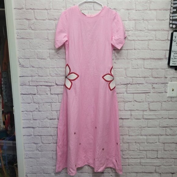 Fanm Mon Pink 100% Linen Dress Size S Short Sleeve Embroidered Floral Cottage - Picture 1 of 9